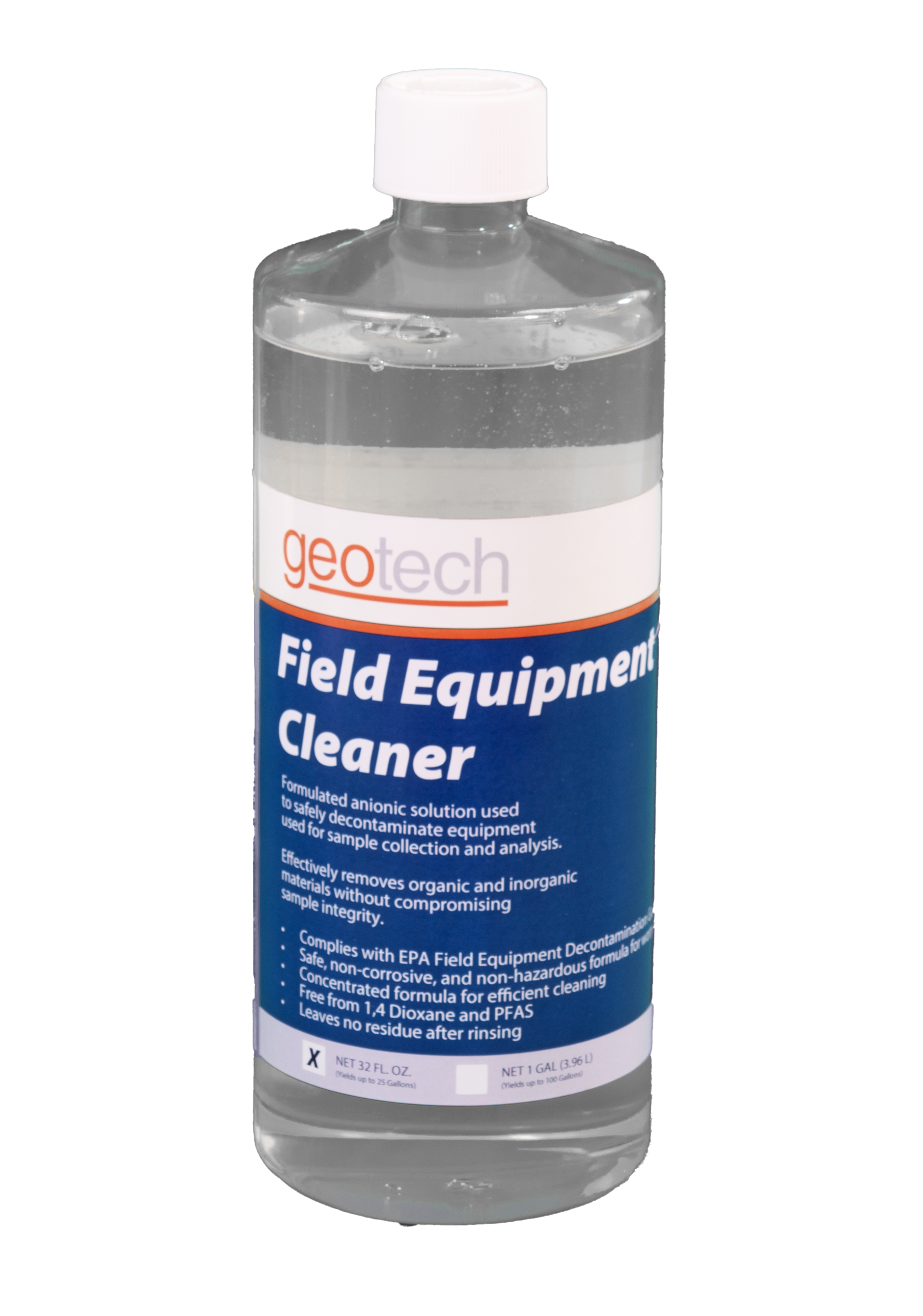 Clear equipment cleaner in a clear bottle with a lable the says 'Geotech Field Equipment Cleaner'.